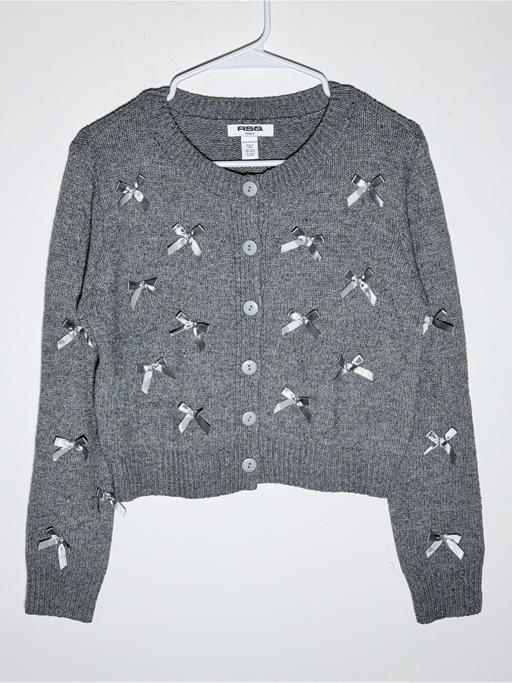 RSQ Gray Bow-Applique Button Front Cardigan